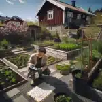 Person planning an eco friendly garden in a norwegian backyard with rain barrel