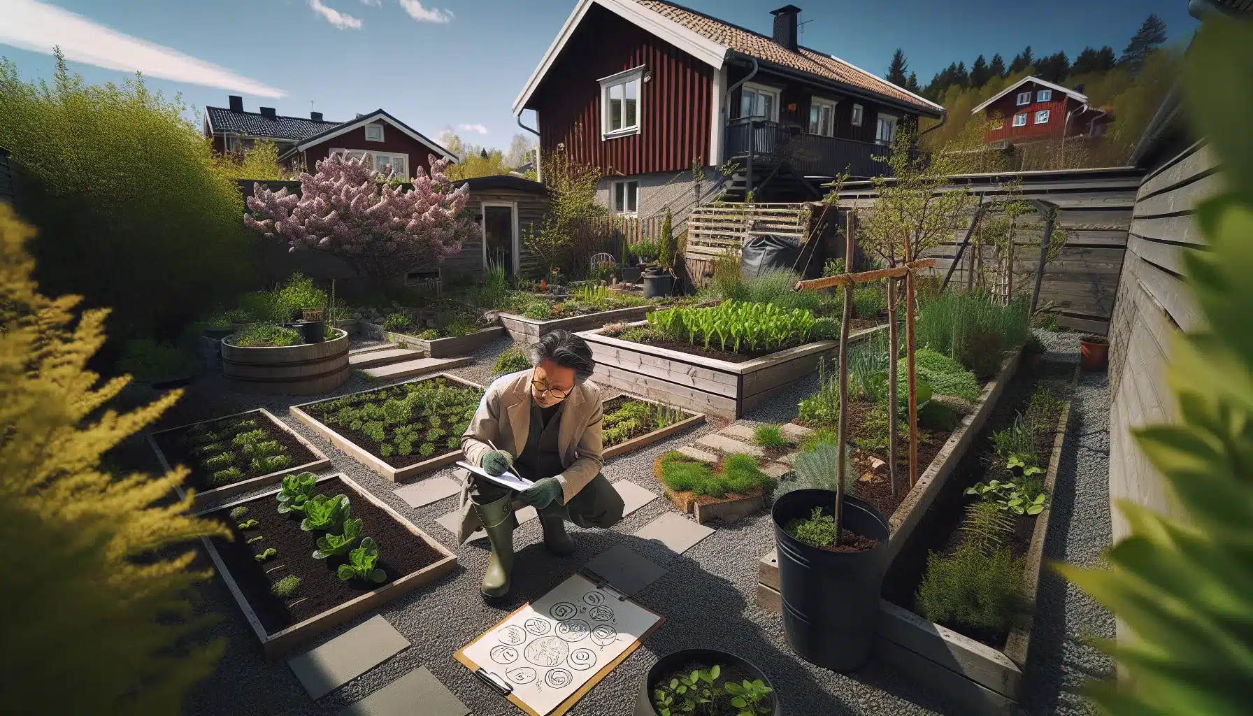 Person planning an eco friendly garden in a norwegian backyard with rain barrel