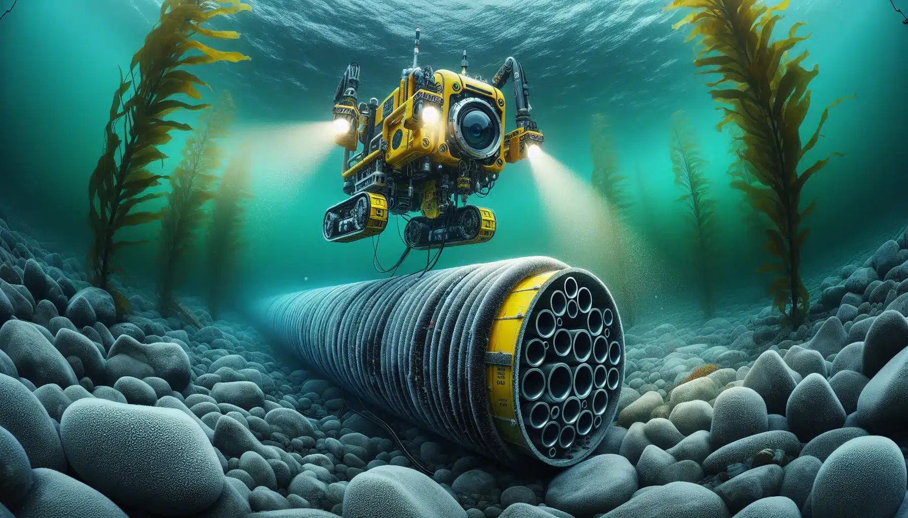 Rov installing subsea pipeline and manifold on norway s seabed in low visibility