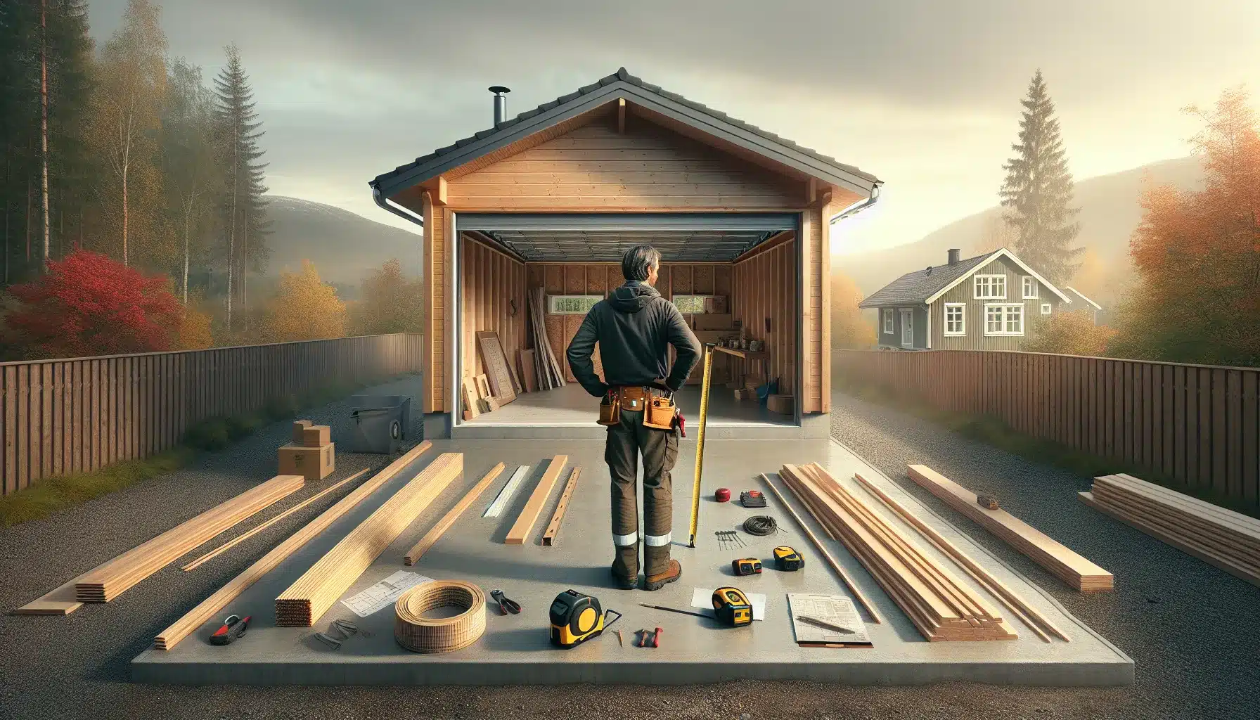 Simple wooden garage under construction on concrete slab in a norwegian yard