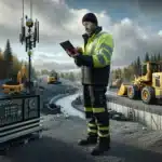 Site manager checks telematics tracking and maintenance data for construction machines in norway