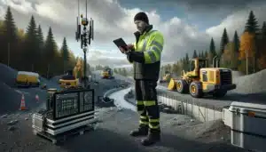 Site manager checks telematics tracking and maintenance data for construction machines in norway