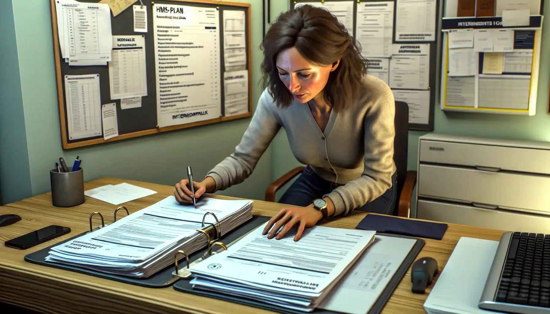 Small norwegian business team writing a detailed hms plan at an office desk